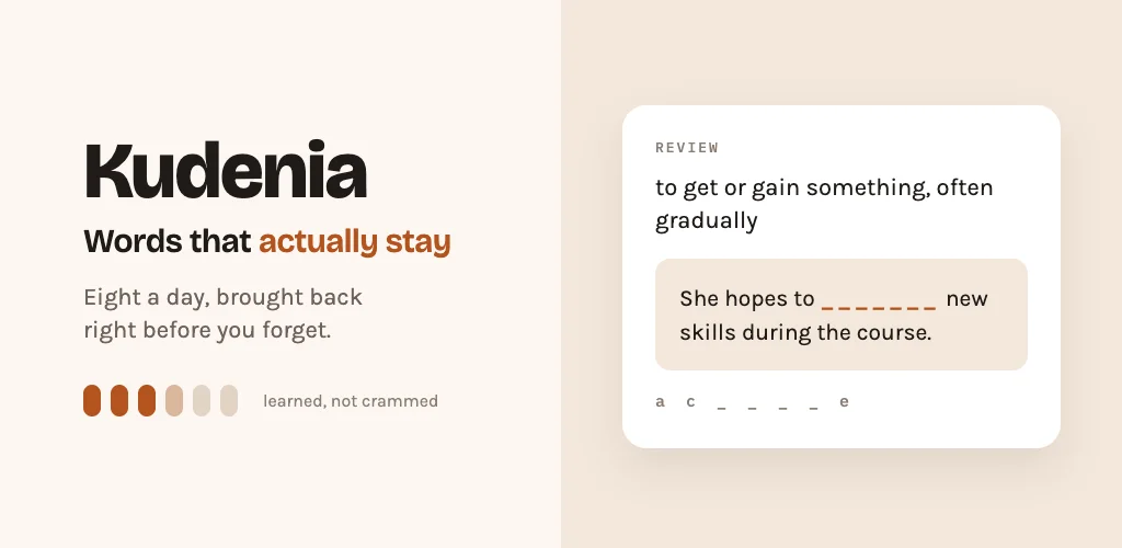 The Kudenia store graphic: the app name, the tagline Words that actually stay, and a review card asking the reader to type a word from its definition.
