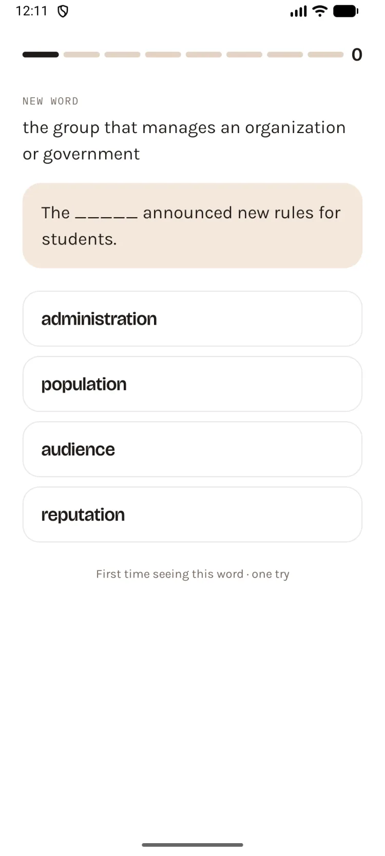 A new word shown as four options under a definition and a sentence with the word blanked out.