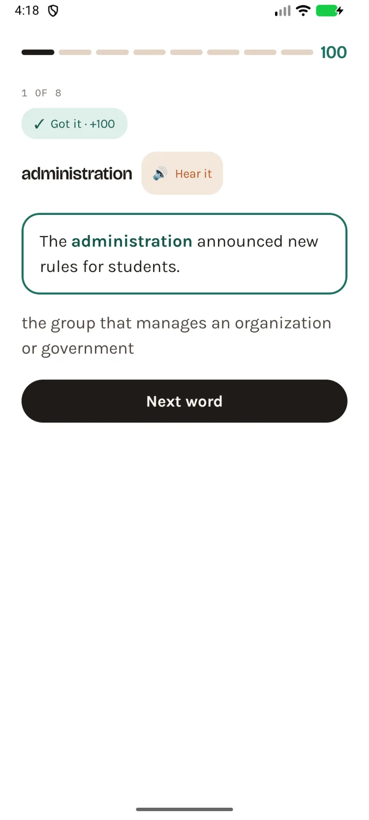 The reveal card after a correct answer, showing the word, its definition and a speaker control.