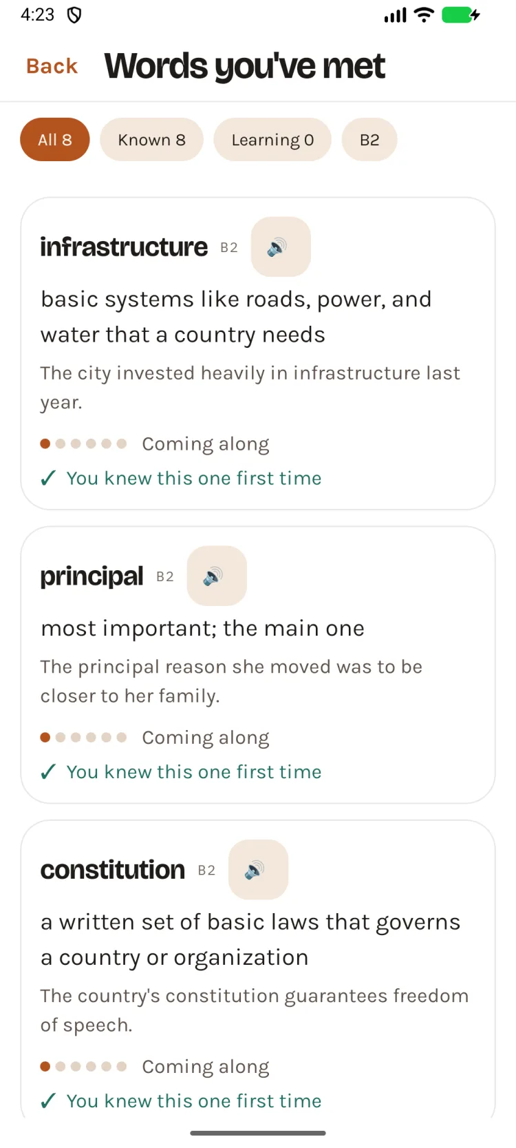 The word list, each entry showing how far through the learning schedule it is.